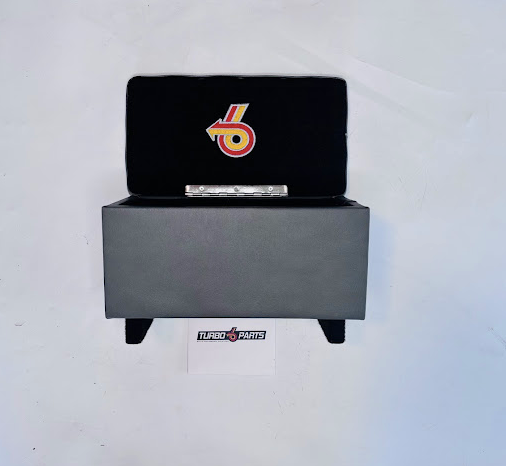 Custom Grey Leather Raised Center Console / Armrest – Embroidered Turbo 6 Logo