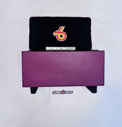 Custom Burgundy Leather Raised Center Console / Armrest – Embroidered Turbo 6 Logo