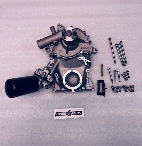 Front Cover with Adjustable Oil Pump, Timing Indicator, WIX Filter, Water Pump, and Stainless Steel Cover Bolts