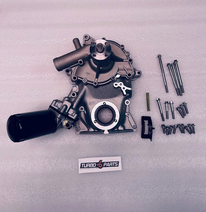 Front Cover with Adjustable Oil Pump, Timing Indicator, WIX Filter, Water Pump, and Stainless Steel Cover Bolts