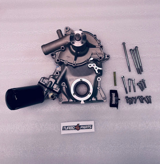 Front Cover with Adjustable Oil Pump, Timing Indicator, WIX Filter, Water Pump, and Stainless Steel Cover Bolts